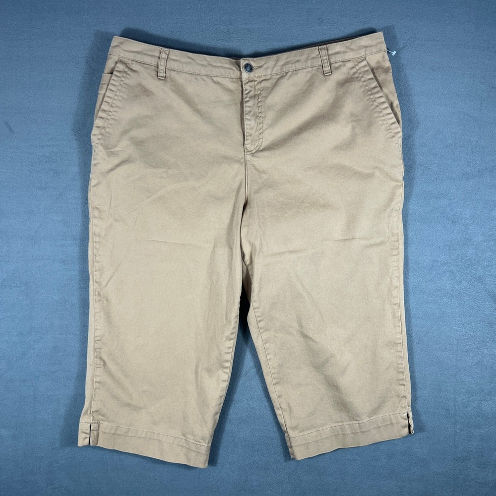 Basic Editions Womens Capri Pants 22W Tan Solid Classic Fit Cropped Side Slit
